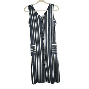 Mahina Cotton Button Front Striped Midi Dress Sz M Coastal Nautical Casual
